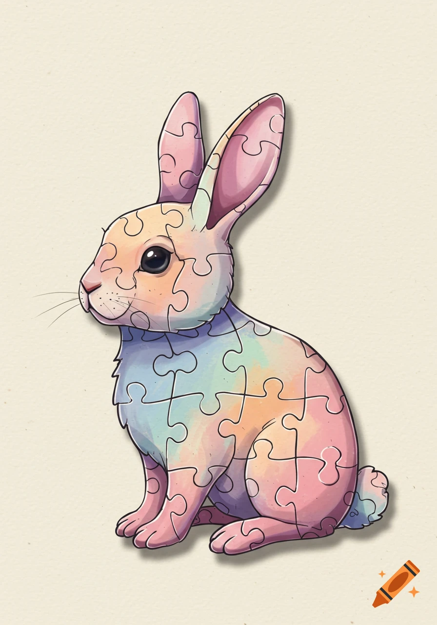 A colorful bunny composed of pastel puzzle pieces, outlined in black, against a light textured background.