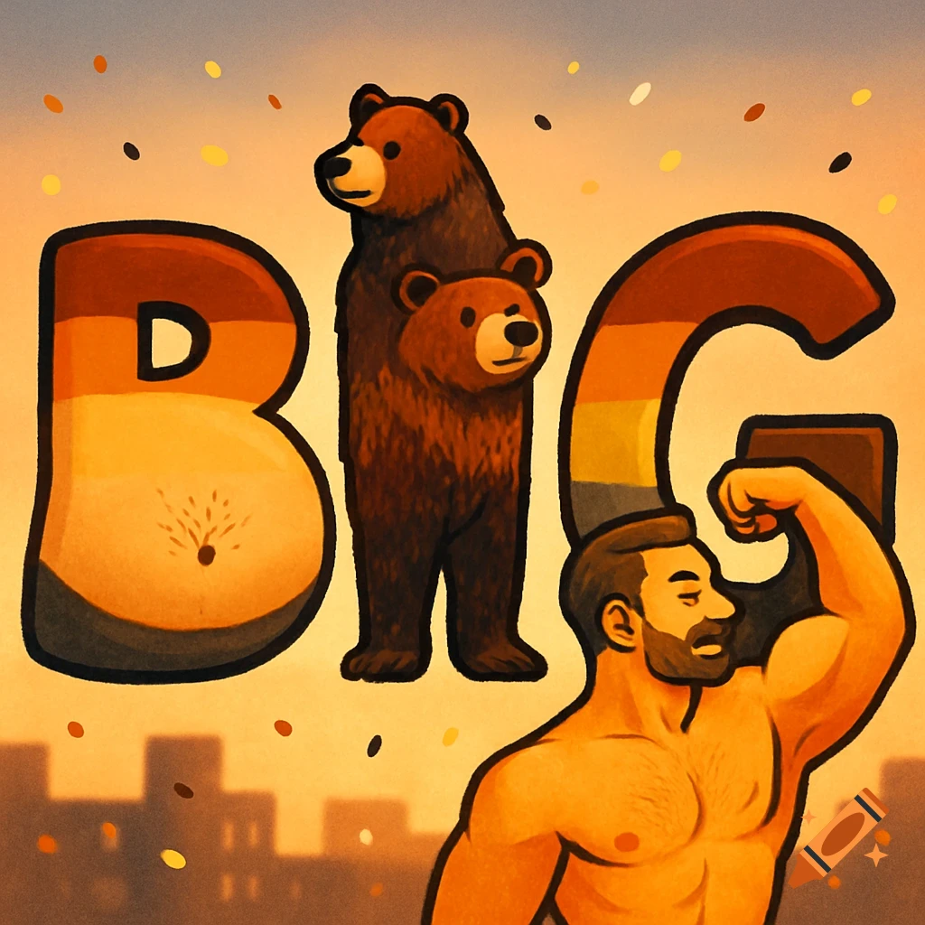 Stylized illustration of the word 'BIG' in Bear Pride Flag colors, where 'B' is a belly, 'I' is two bears, and 'G' is a flexing man, with a city skyline in the background.
