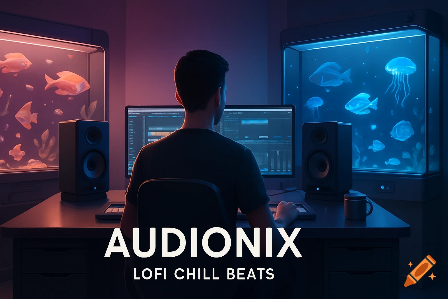 A person works on a computer in a futuristic studio with glowing pink and blue fish tanks. Text 'AUDIONIX LOFI CHILL BEATS'.