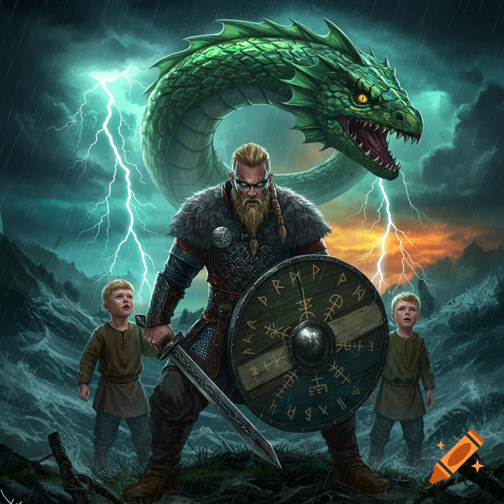 A fierce Viking warrior with a braided beard and fur-trimmed armor wields a sword and shield, protecting two young boys from a giant green serpent in a stormy, lightning-filled landscape with crashing waves.