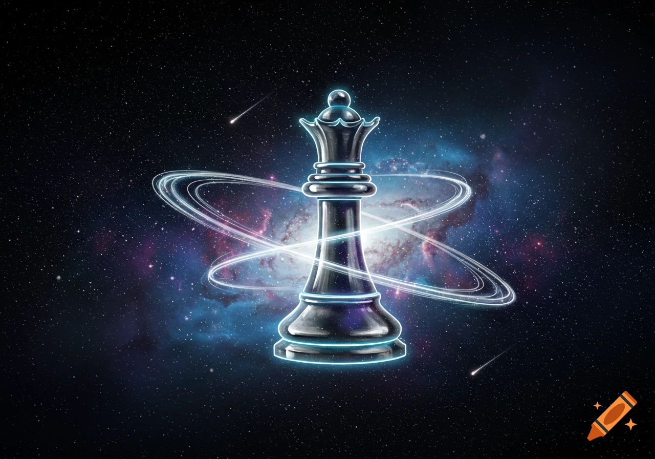 A dark chess queen with blue glowing outlines stands in deep space, surrounded by swirling light trails, nebulae, and shooting stars.