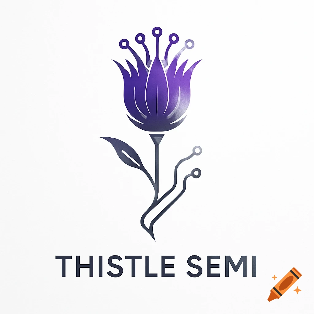 A stylized purple thistle flower with circuit-like elements, with the text 'THISTLE SEMI' below. Logo design.