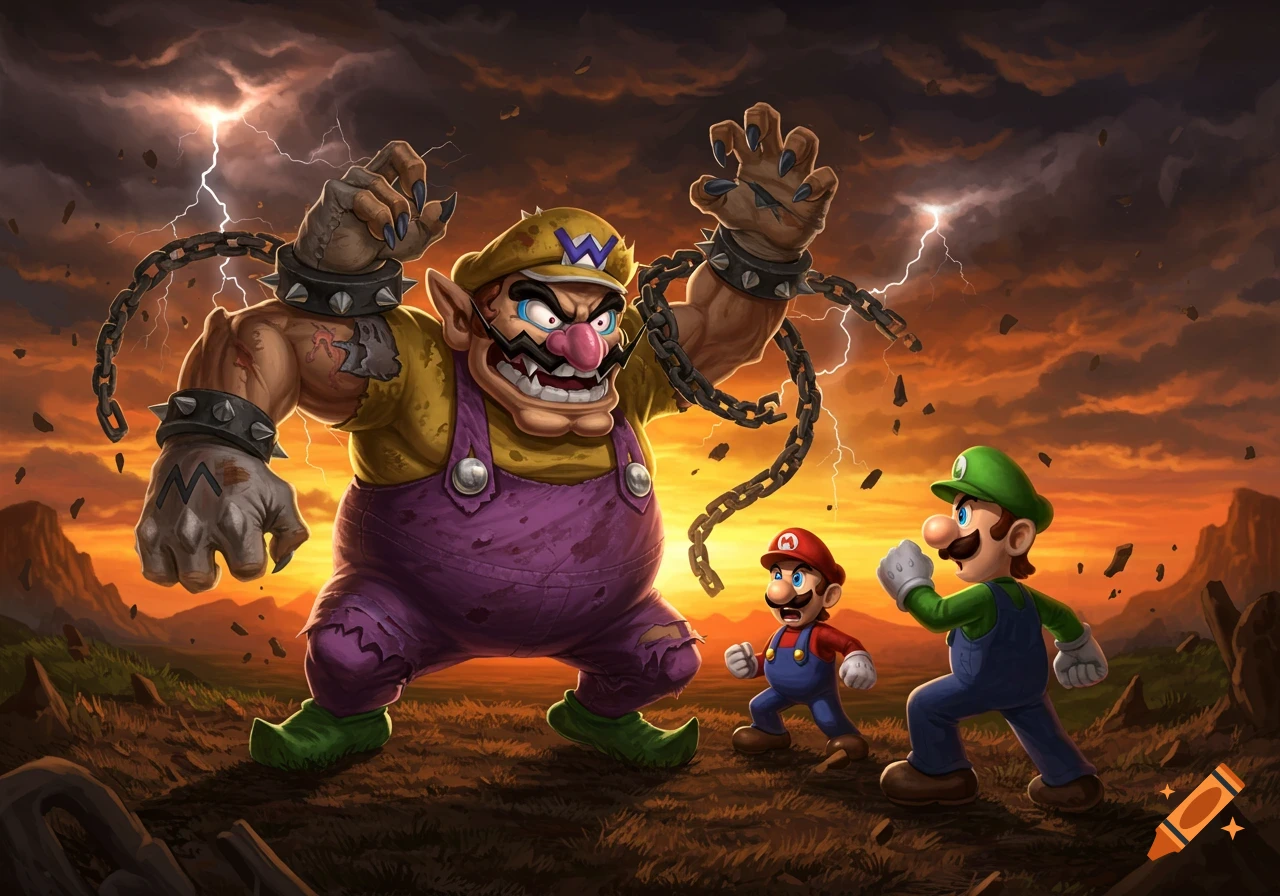 Monstrous Wario with chains battles Mario and Luigi under a stormy, lightning-filled orange sky in a desolate landscape.