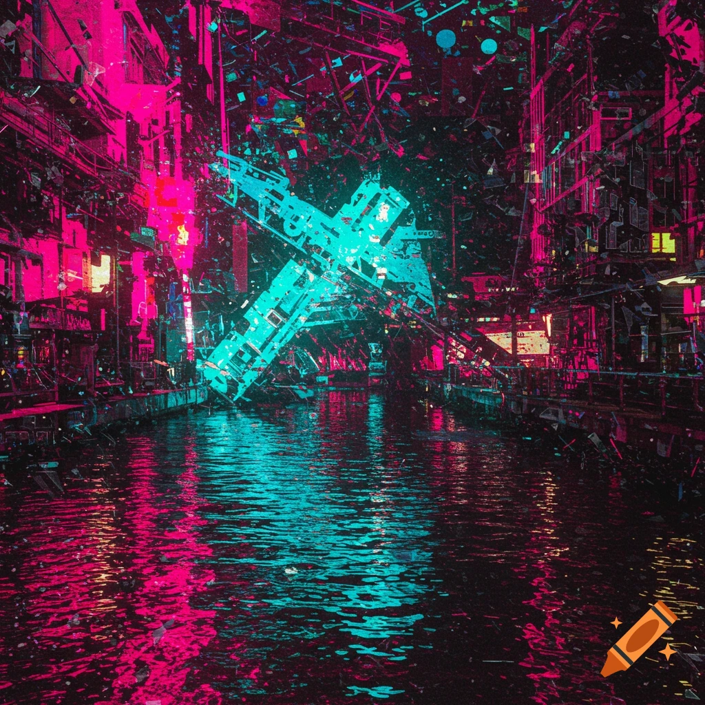 A dark, neon-lit cyberpunk cityscape with a river reflecting vibrant pink and teal lights, featuring a large, glowing teal 'X' structure.