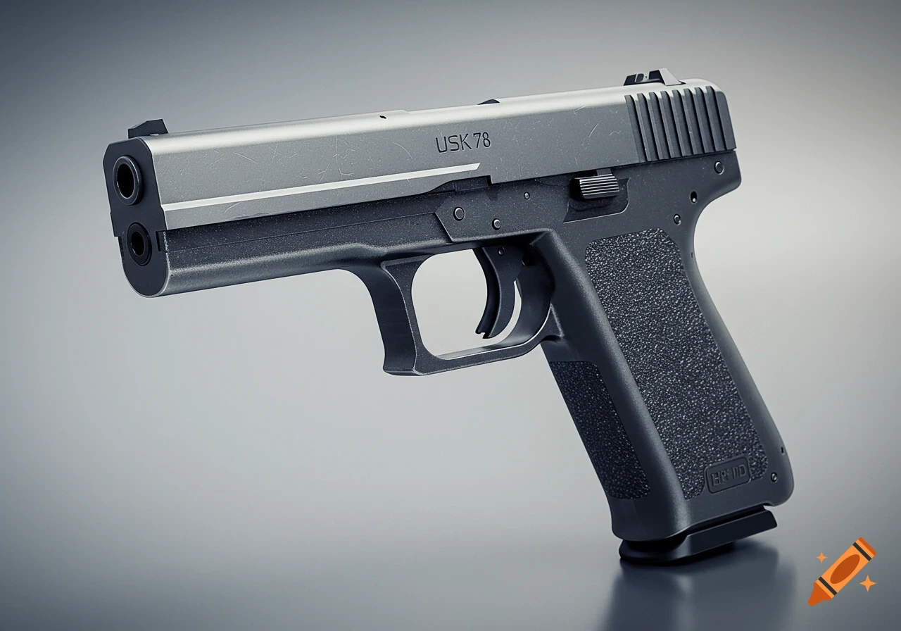 A photorealistic close-up of a modern, dark grey and silver pistol against a light grey background.
