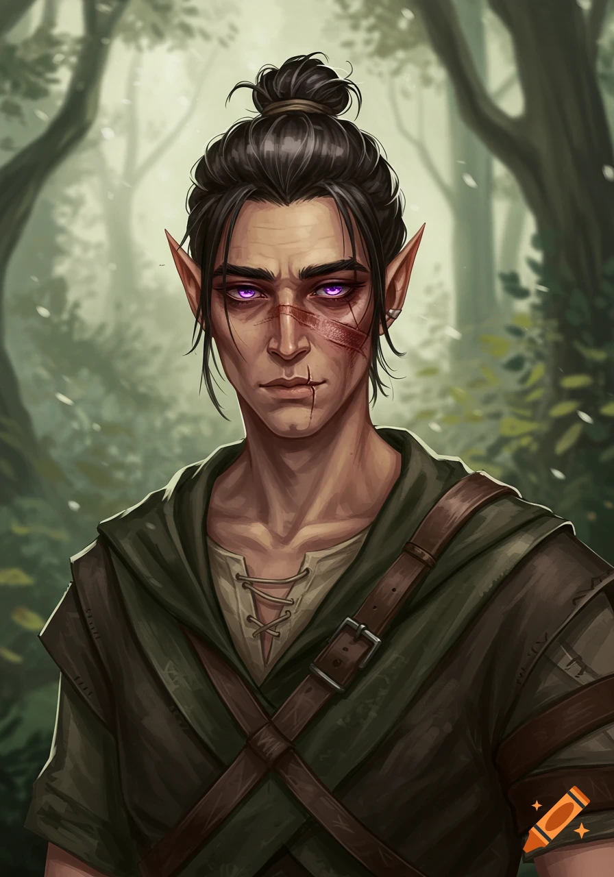 A serious male elf with dark hair in a bun, purple eyes, and facial scars, wearing green and brown clothing, stands in a forest.