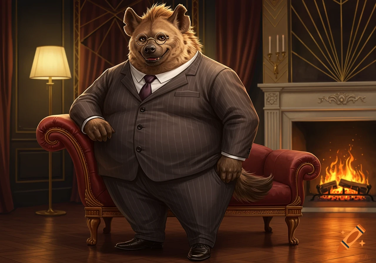 A very fat anthropomorphic hyena in a pinstripe suit and round glasses stands by a red couch in a luxurious room with a fireplace.