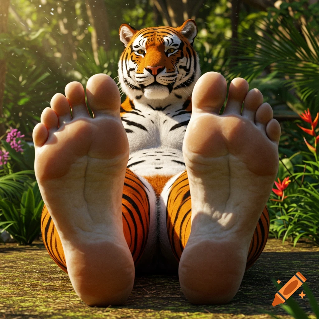 Photorealistic digital art of an anthropomorphic tiger relaxing in a jungle, its large bare foot soles facing forward.