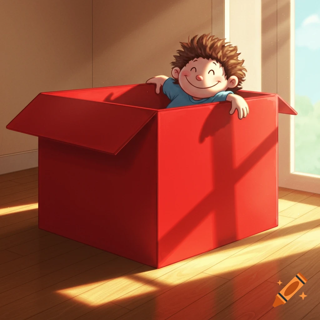 A happy cartoon boy with spiky brown hair sits smiling in a large red cardboard box, bathed in sunlight from a window.