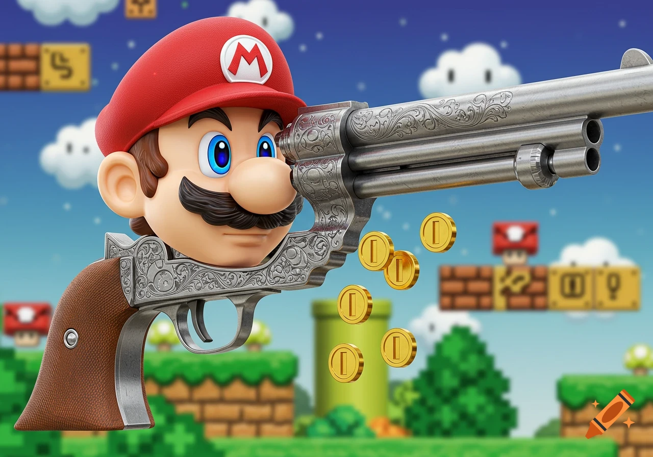 Mario's head on an ornate silver revolver, with gold coins floating in a pixelated Super Mario Bros. level background.