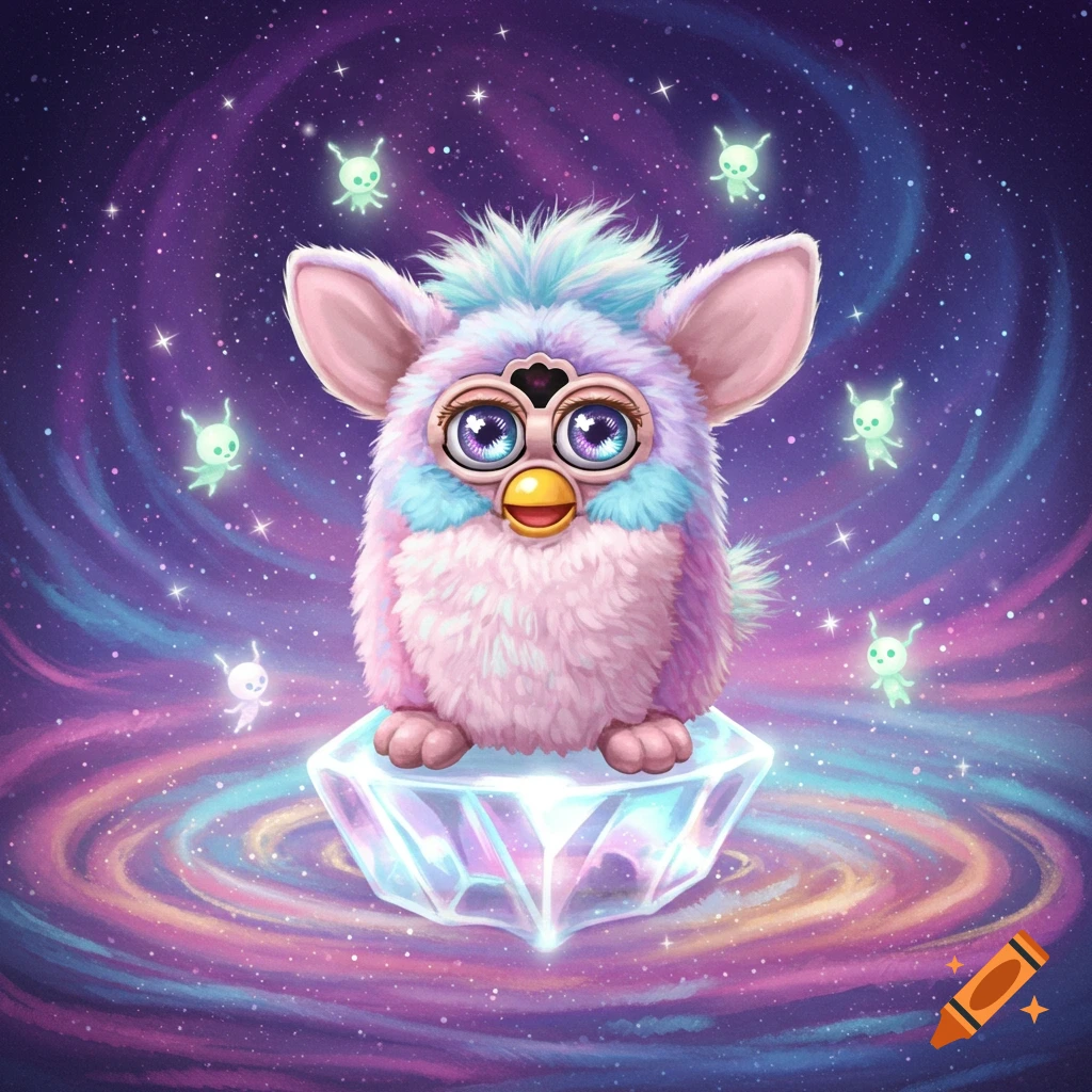 A colorful, fluffy Furby-like creature with large eyes sits on a glowing crystal in a vibrant galaxy with small alien beings.