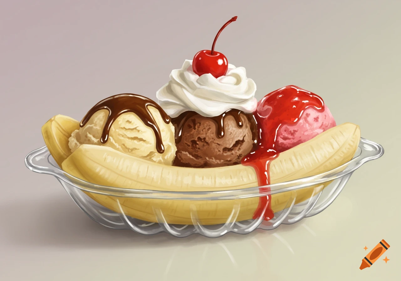 A banana split with scoops of vanilla, chocolate, and strawberry ice cream, topped with chocolate and strawberry syrups, whipped cream, and a cherry, served in a clear dish.