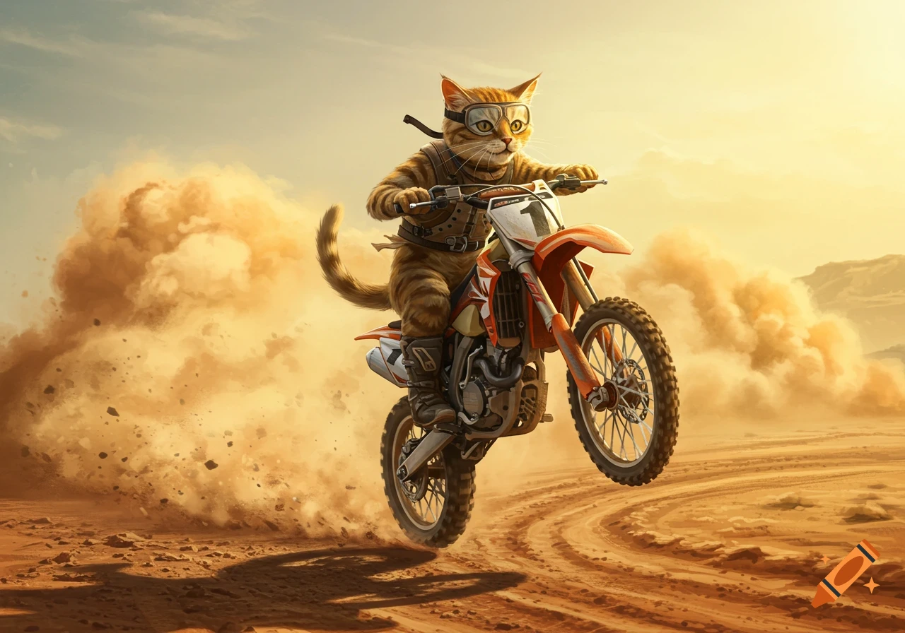 An anthropomorphic ginger cat in goggles and gear rides an orange motocross bike, kicking up dust in a desert landscape.