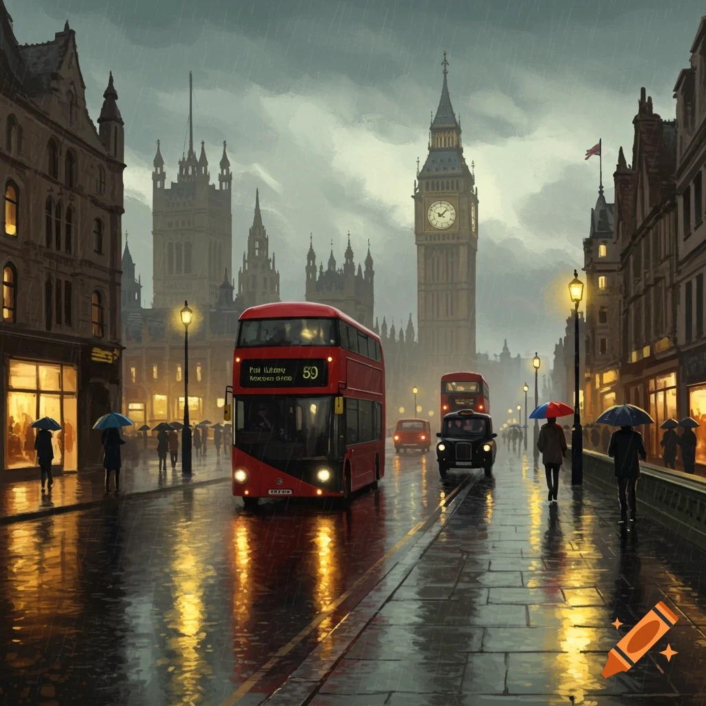 Rainy London street scene with a red double-decker bus, black taxi, people with umbrellas, and Big Ben in the background.