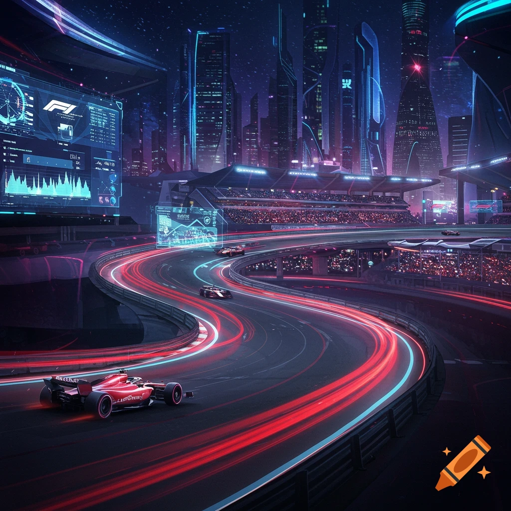 A futuristic Formula 1 race at night, with neon-lit cars speeding on a track through a cyberpunk city.