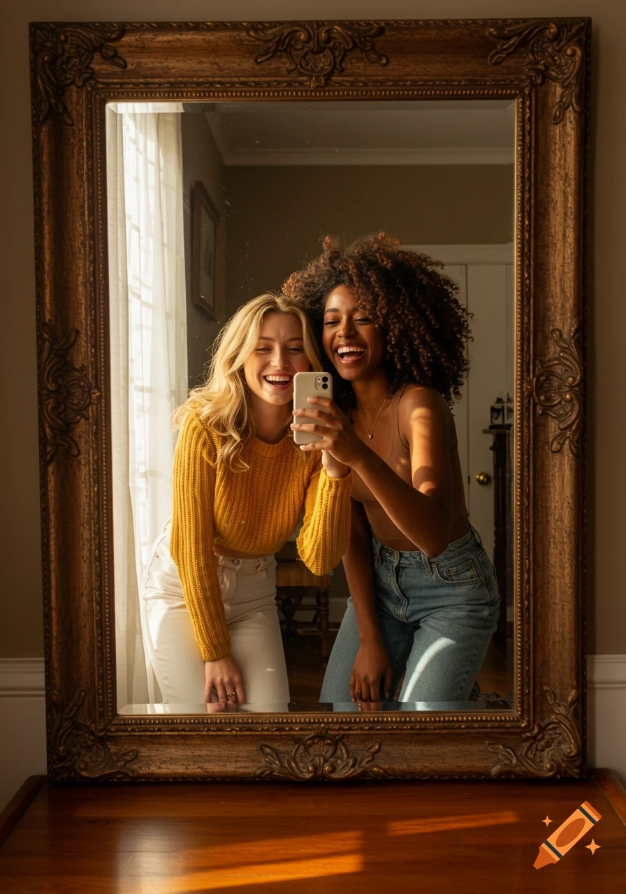 Two smiling young women, one blonde and one with dark curly hair, take a selfie in a large ornate mirror.