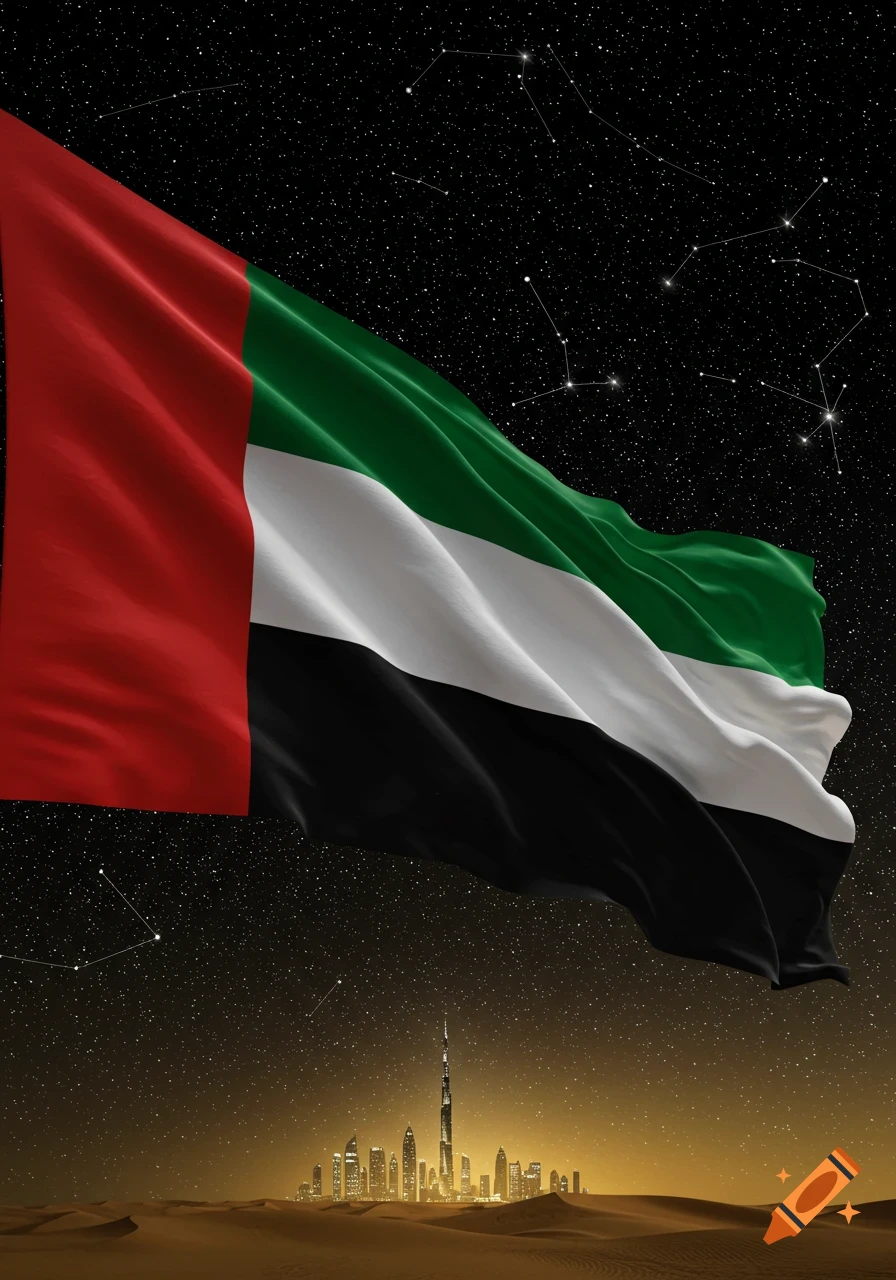 Photorealistic image of a waving UAE flag against a starry night sky above the Dubai skyline and desert.