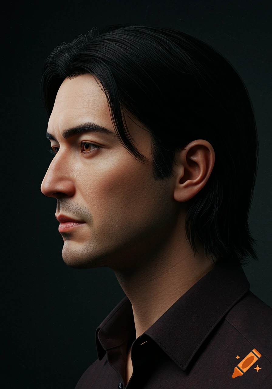 A photorealistic profile portrait of a man with dark hair and a light complexion, wearing a dark collared shirt, against a dark background.
