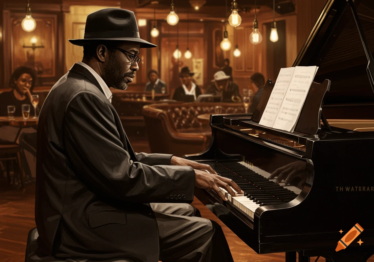 A Black man in a fedora and suit plays a grand piano with sheet music in a dimly lit jazz club.