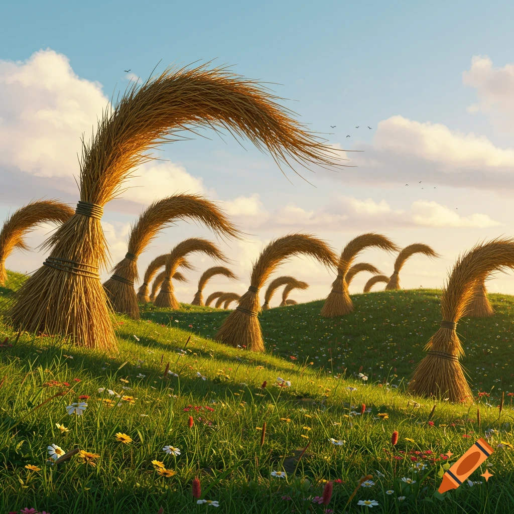 A sunny green hill covered with many stylized golden hay bales resembling brooms under a blue sky with clouds.