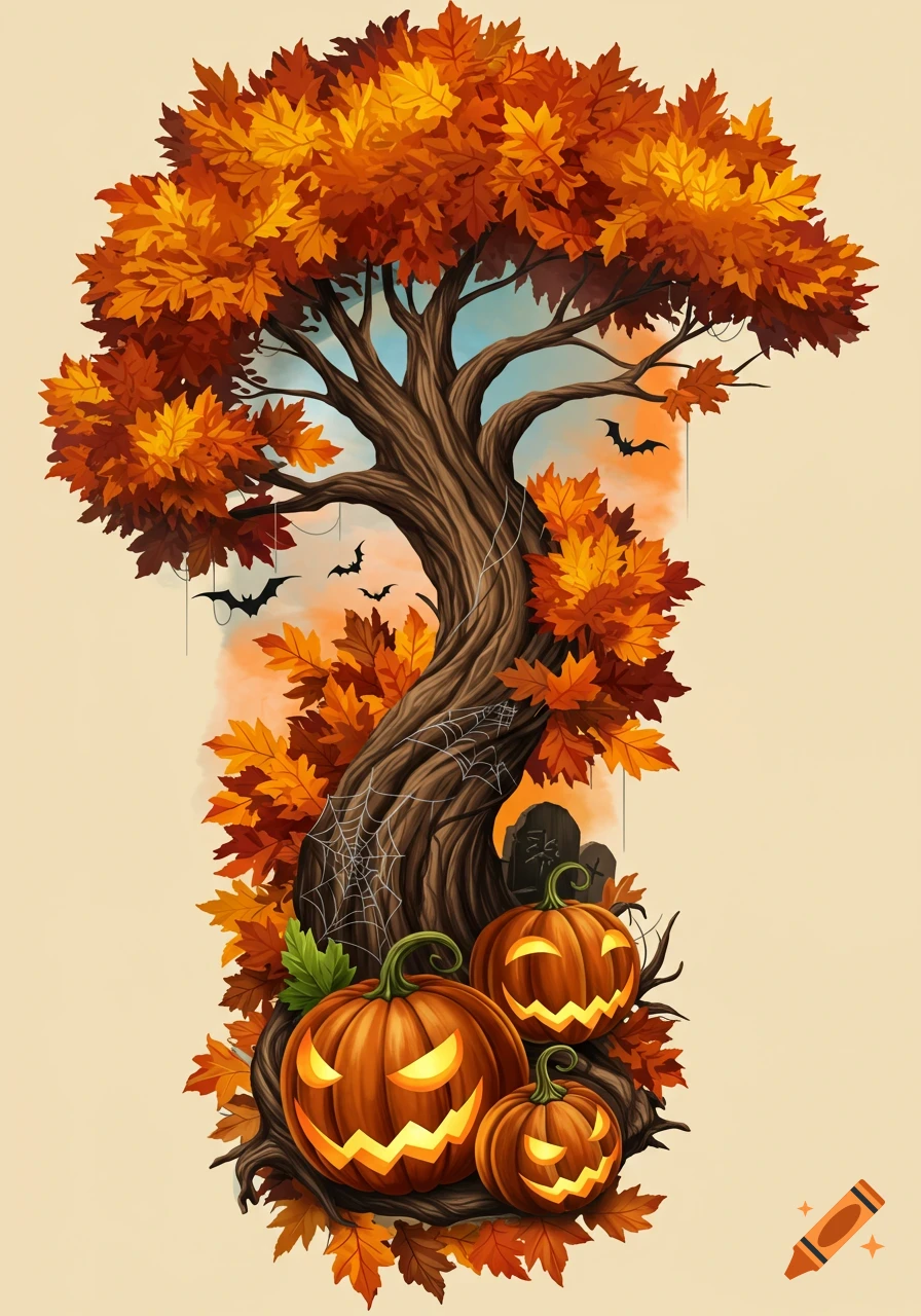 Stylized autumn tree with orange leaves, twisted roots, glowing jack-o'-lanterns, bats, spiderweb, and gravestones for Halloween.