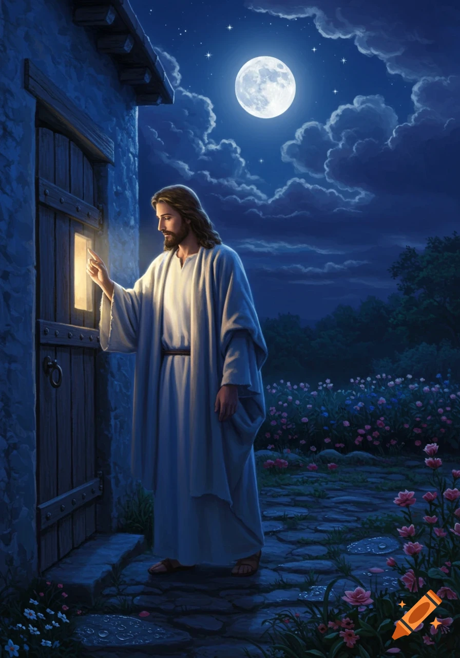 Jesus, wearing white robes, stands at night under a full moon, gently tapping on a wooden door of a stone building, surrounded by flowers.