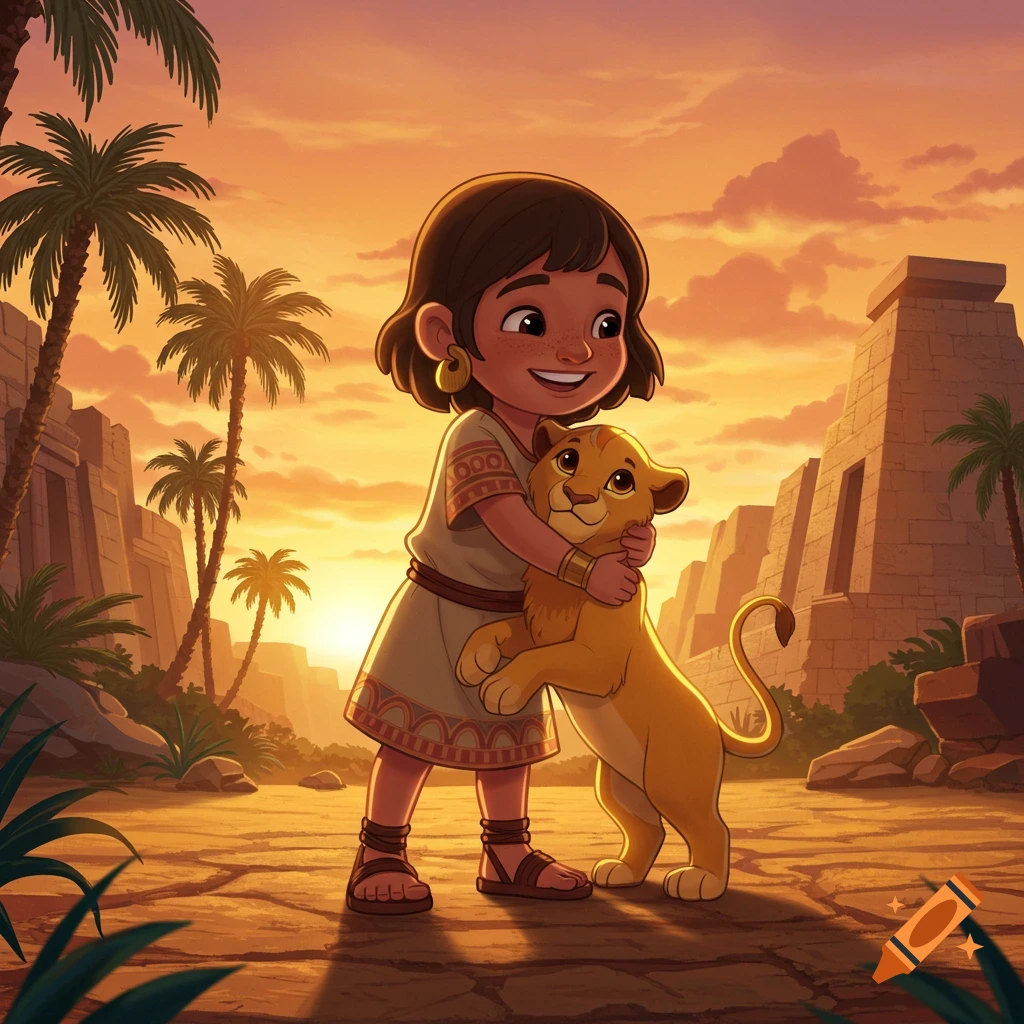 Smiling cartoon child in ancient attire hugs a lion cub against a sunset backdrop with palm trees and temples.