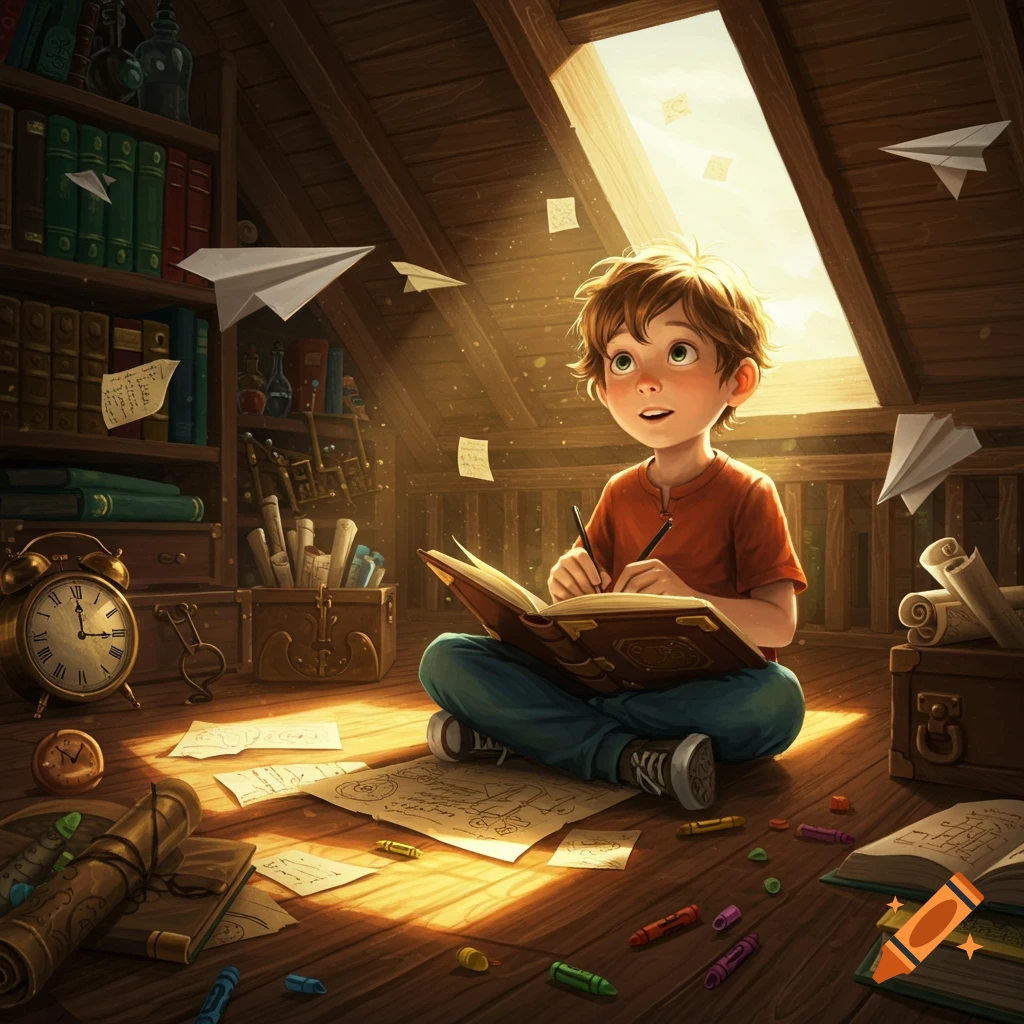 A young boy sits in a sunlit attic, writing in a large book, surrounded by scattered papers, crayons, and flying paper airplanes.