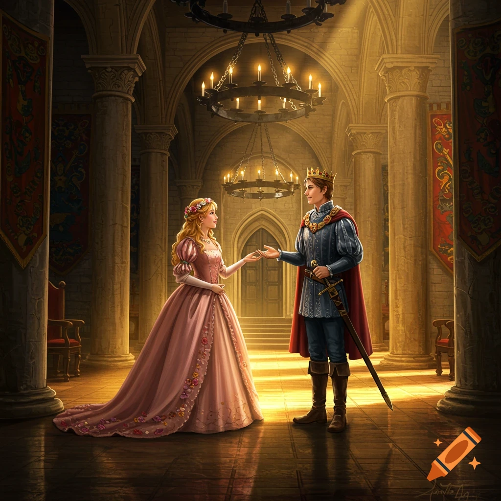 Princess Florine and Prince Charming meet in a grand medieval castle hall, holding hands and looking at each other under chandeliers.