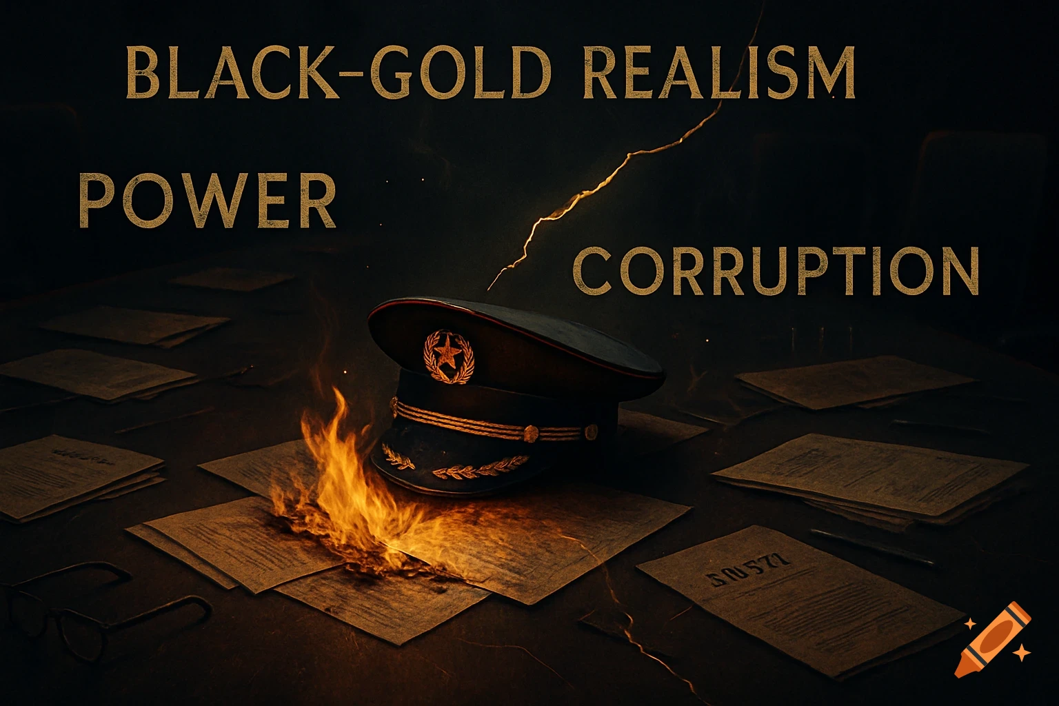 A dark, cinematic image featuring a military cap on burning papers on a table, with text "BLACK-GOLD REALISM", "POWER", and "CORRUPTION" displayed, and a golden crack across the image.