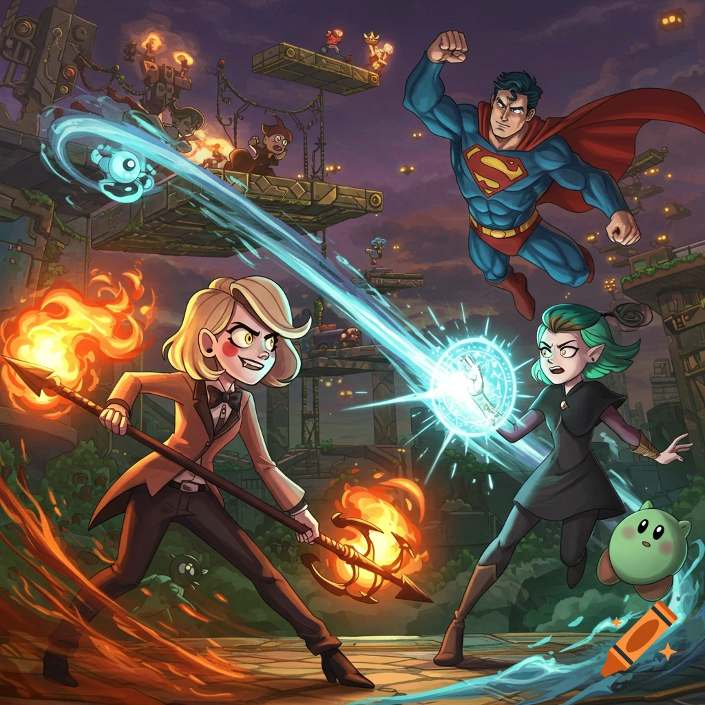 Charlie Morningstar and Amity Blight battle Superman and Kirby in a vibrant Super Smash Bros-style cartoon illustration.