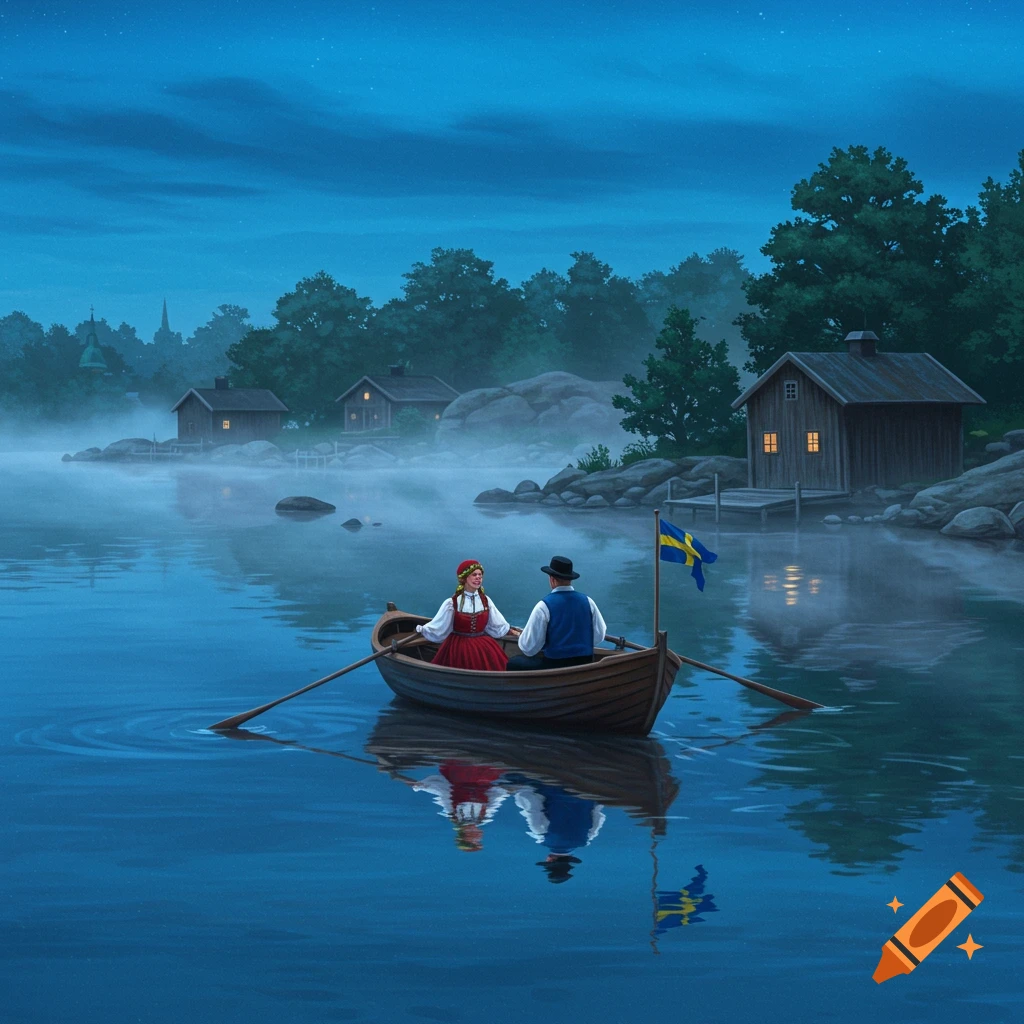 A couple in traditional Swedish costumes rows a wooden boat on a misty lake at blue hour, past houses and trees on rocky islands, in a painterly style.