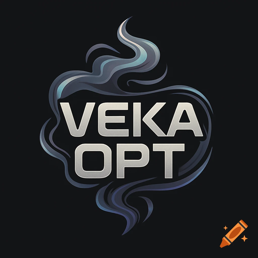 Logo for 'VEKA OPT' with metallic text surrounded by swirling blue and grey vapor on a black background.