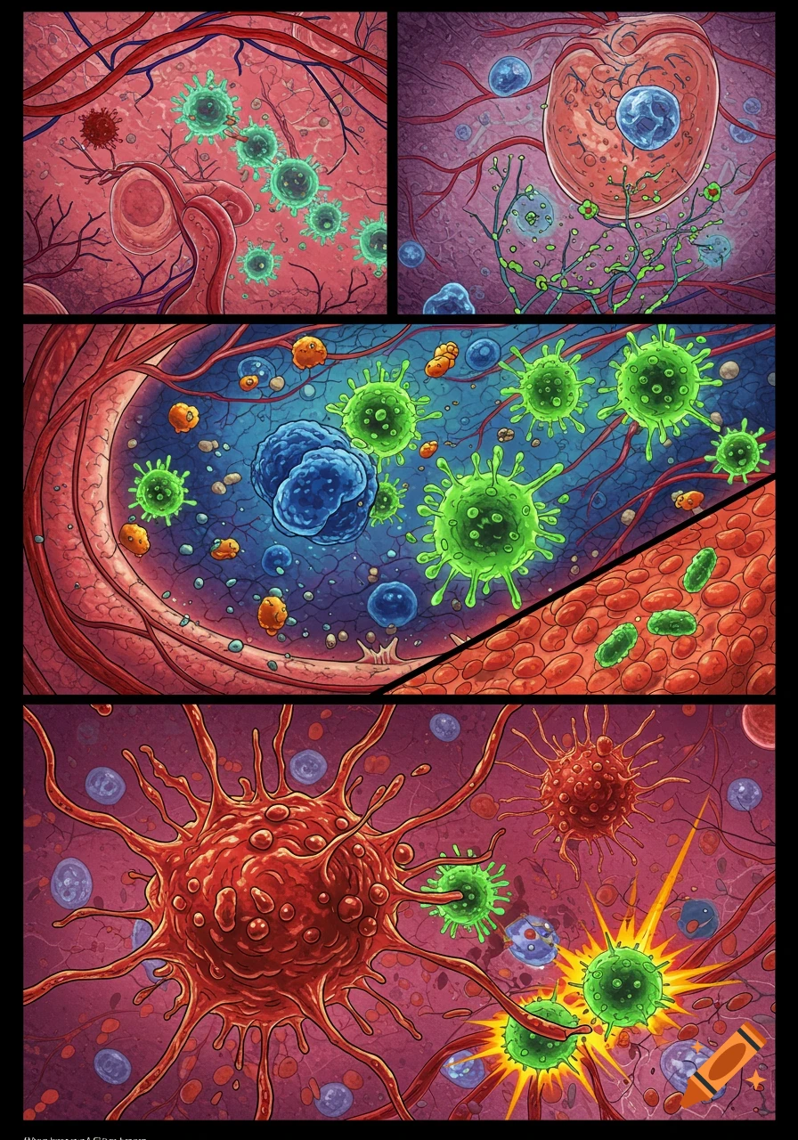 Comic book illustration of the human immune system with cells and viruses in blood vessels and tissues.