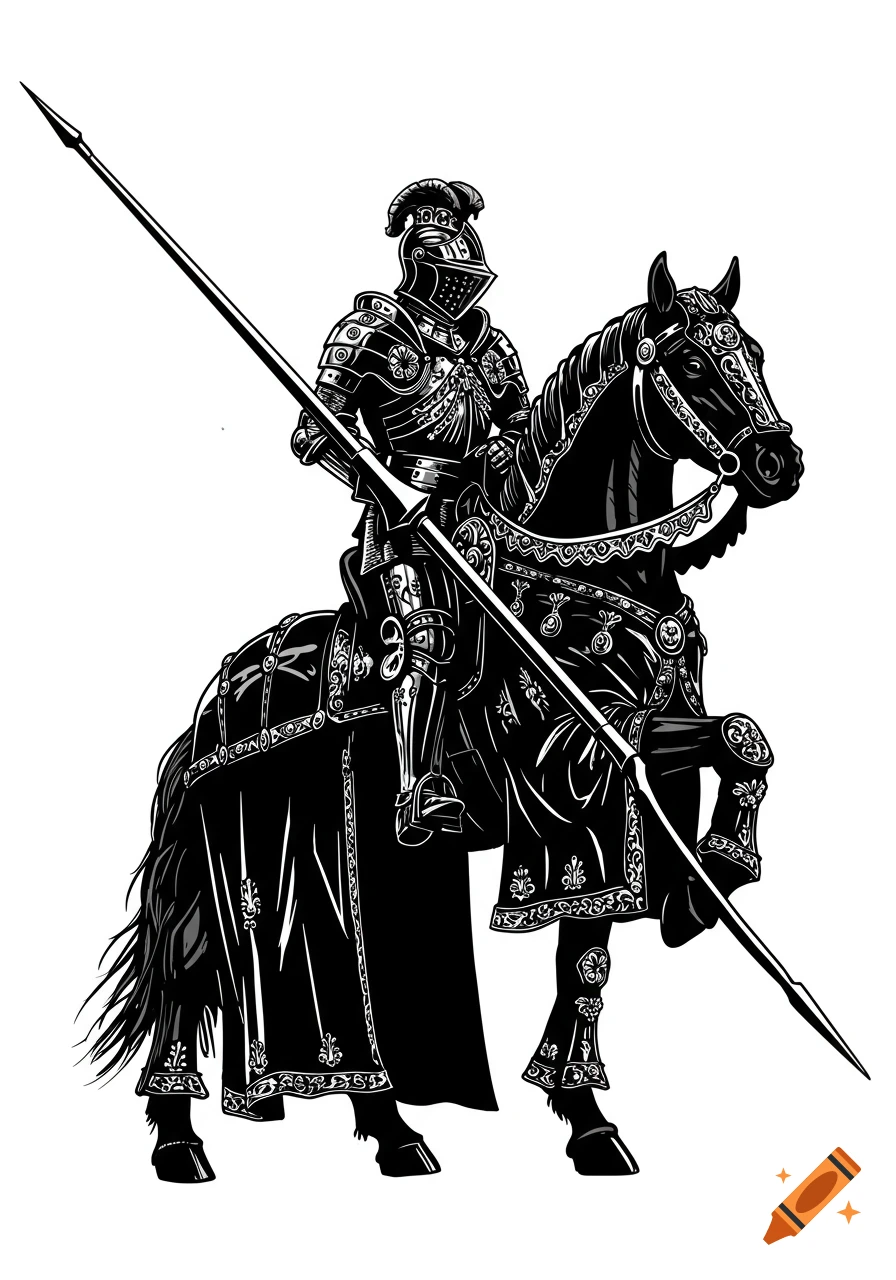 A black and white vector illustration of a medieval knight in full armor riding a rearing horse, holding a long lance.
