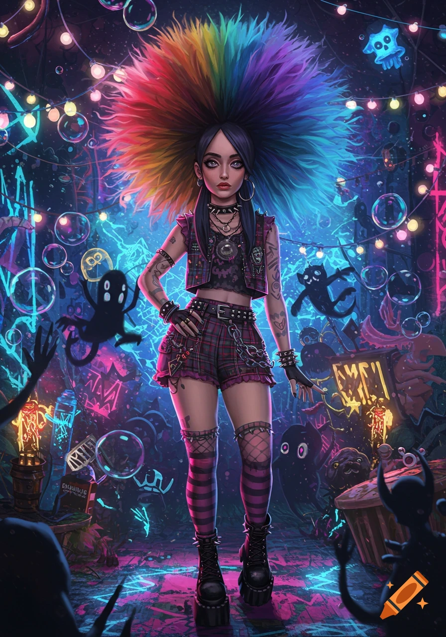 A stylized young woman with a vibrant rainbow mohawk, wearing a plaid punk outfit with chains and platform boots, stands in a neon-lit, magical scene with floating bubbles and shadowy figures.