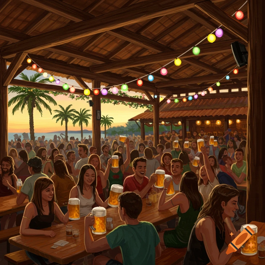 A vibrant illustration of a crowded outdoor bar at sunset with many people enjoying drinks and beer mugs.