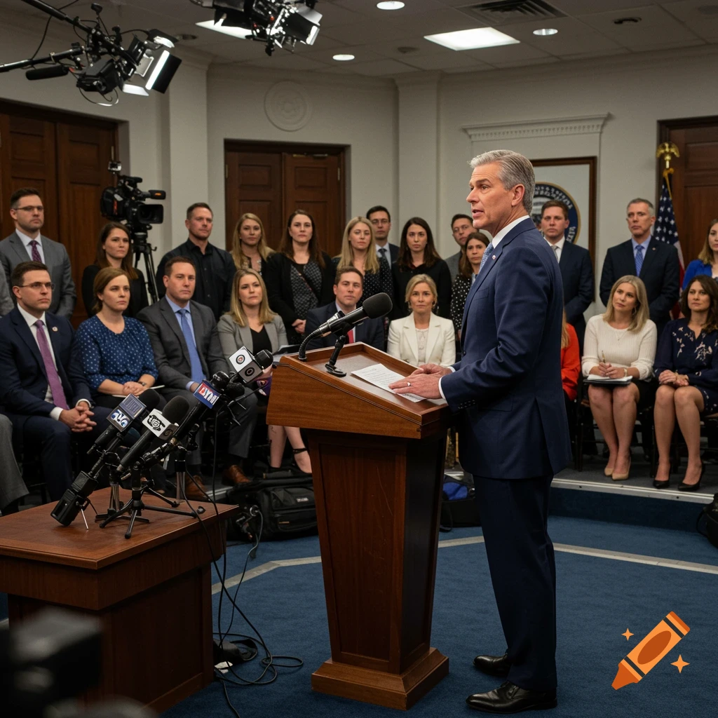 A politician in a navy suit speaks at a wooden podium during a press conference, with journalists and cameras in the background.