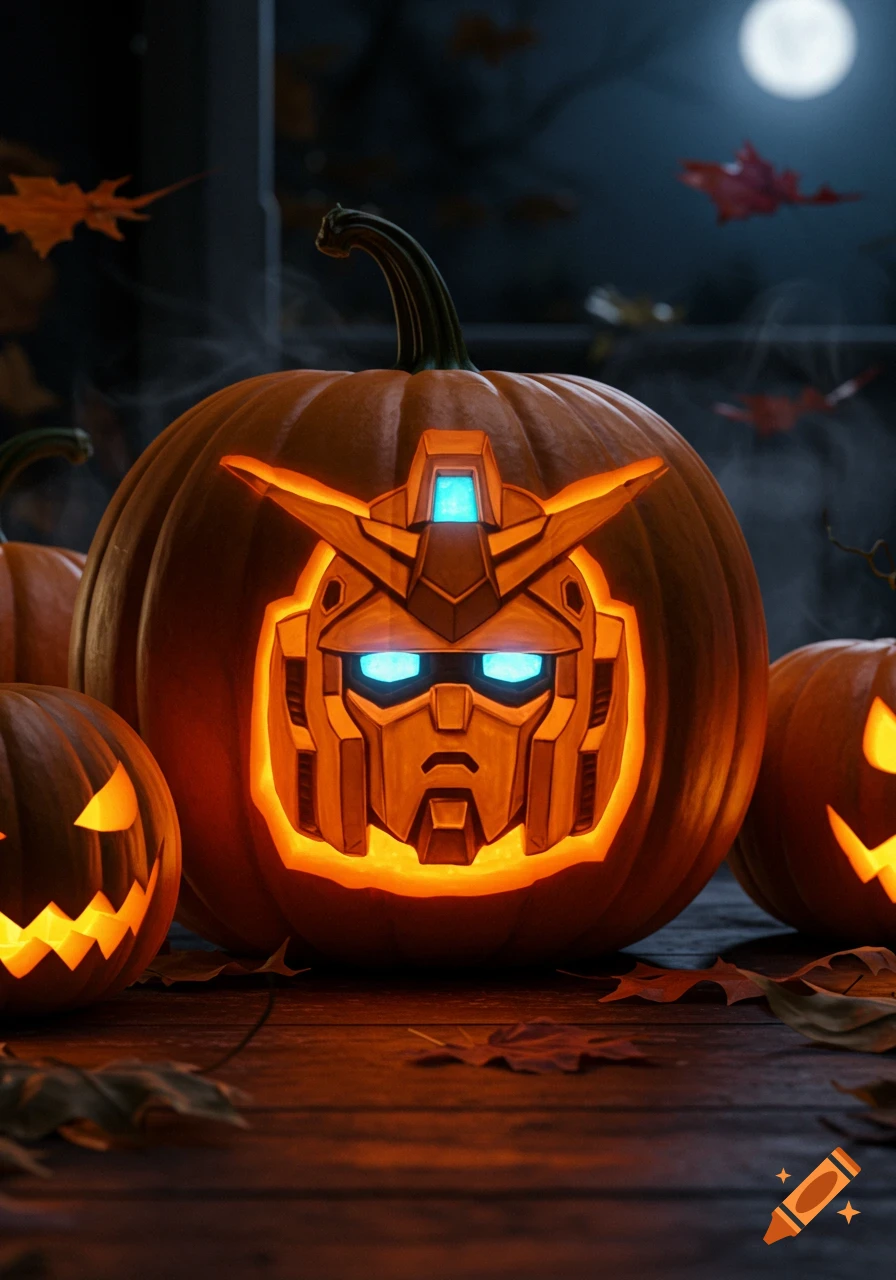 Illuminated Halloween pumpkins, one carved as a Gundam head with glowing blue eyes, surrounded by fallen leaves at night under a full moon.