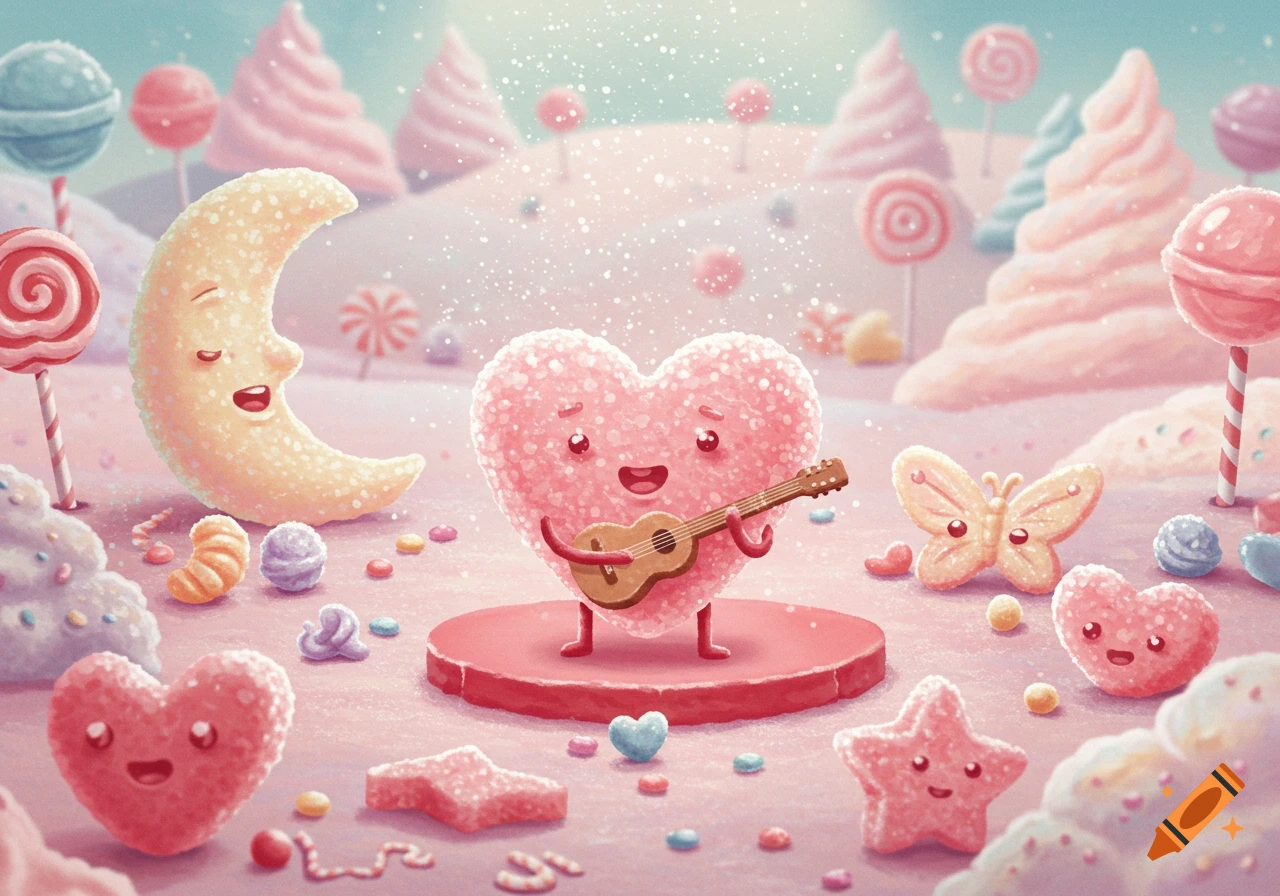 A smiling, sugary pink heart plays a ukulele on a stage in a whimsical candy land with a smiling crescent moon, stars, and lollipops.