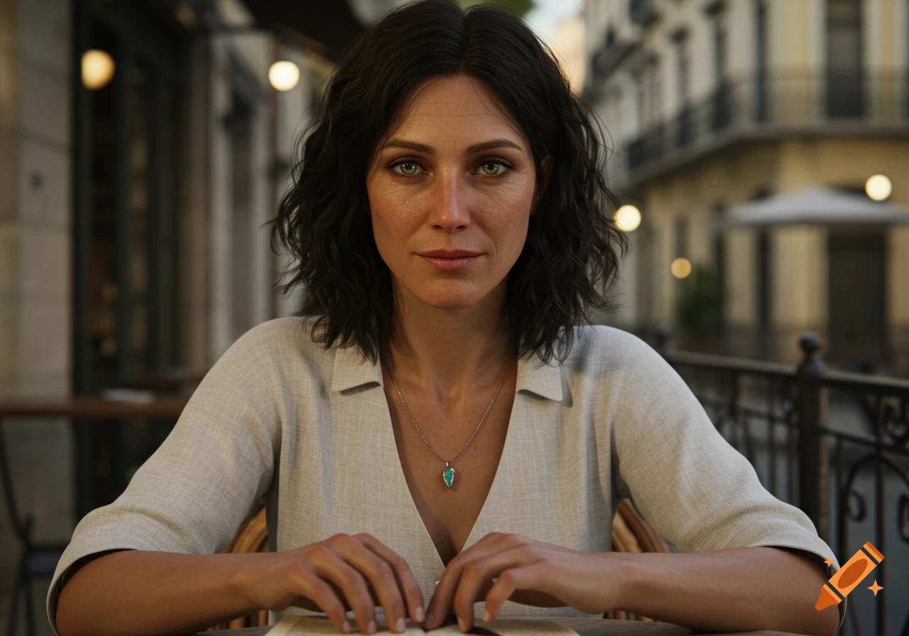 Hyperrealistic portrait of a woman with dark wavy hair and green eyes, wearing a white linen shirt and turquoise necklace, sitting at a cafe terrace.