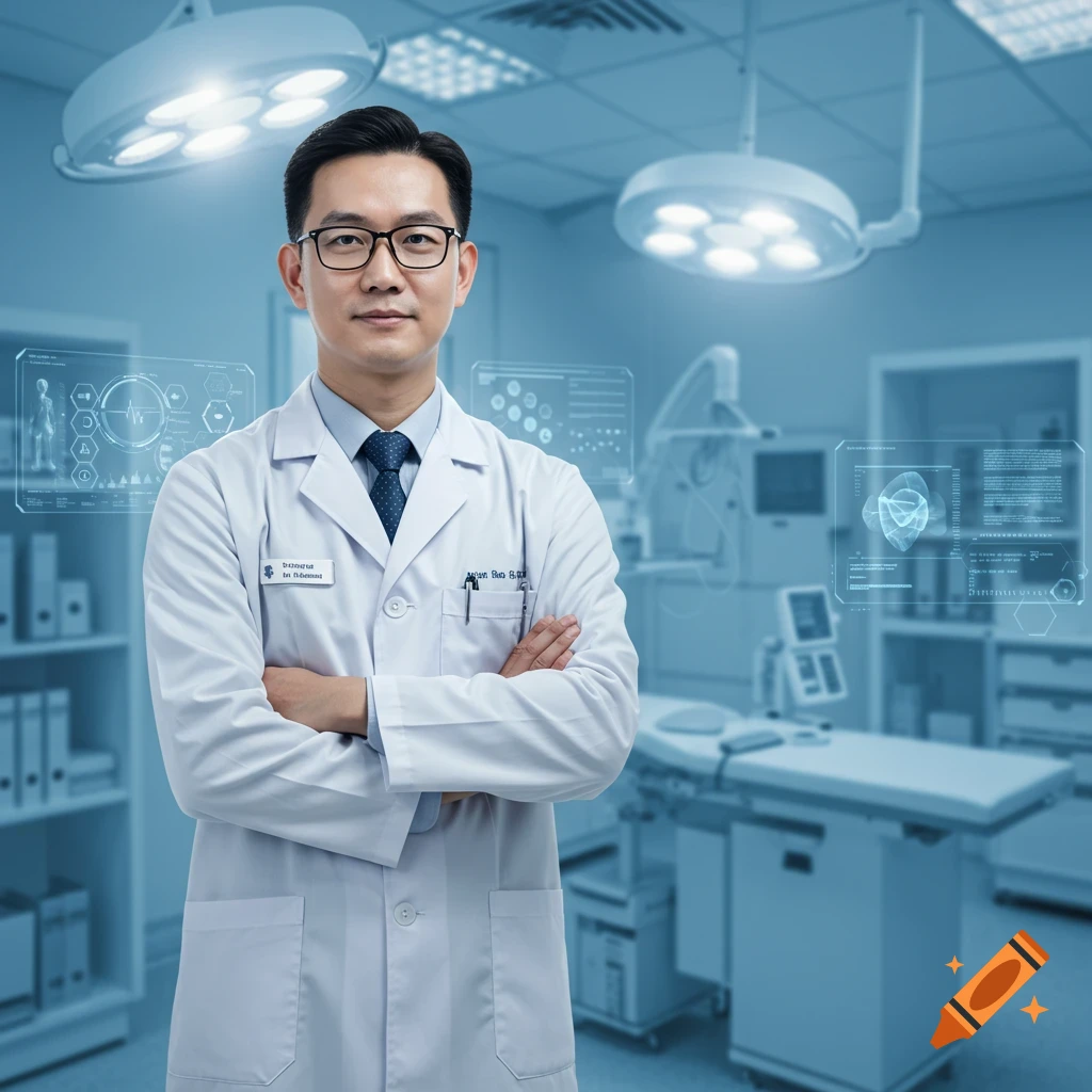 A photorealistic image of an Asian male doctor in glasses and a white lab coat, standing with crossed arms in a futuristic medical facility with holographic displays.