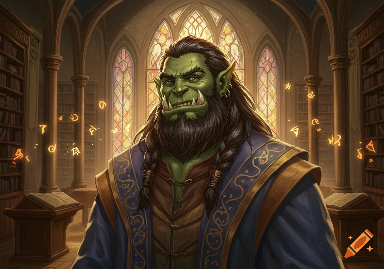 A smirking green-skinned Orc mage with a long beard and braids, wearing robes, stands in a magical academy library with stained glass windows.