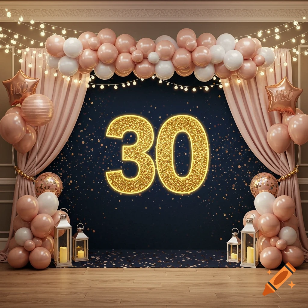 A festive birthday party backdrop featuring a large golden glittery number '30', surrounded by peach and white balloons, string lights, and lanterns on a dark blue background.