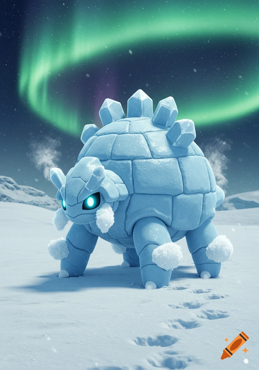 An igloo-themed Pokémon creature with glowing blue eyes stands in a snowy landscape under a green aurora borealis.