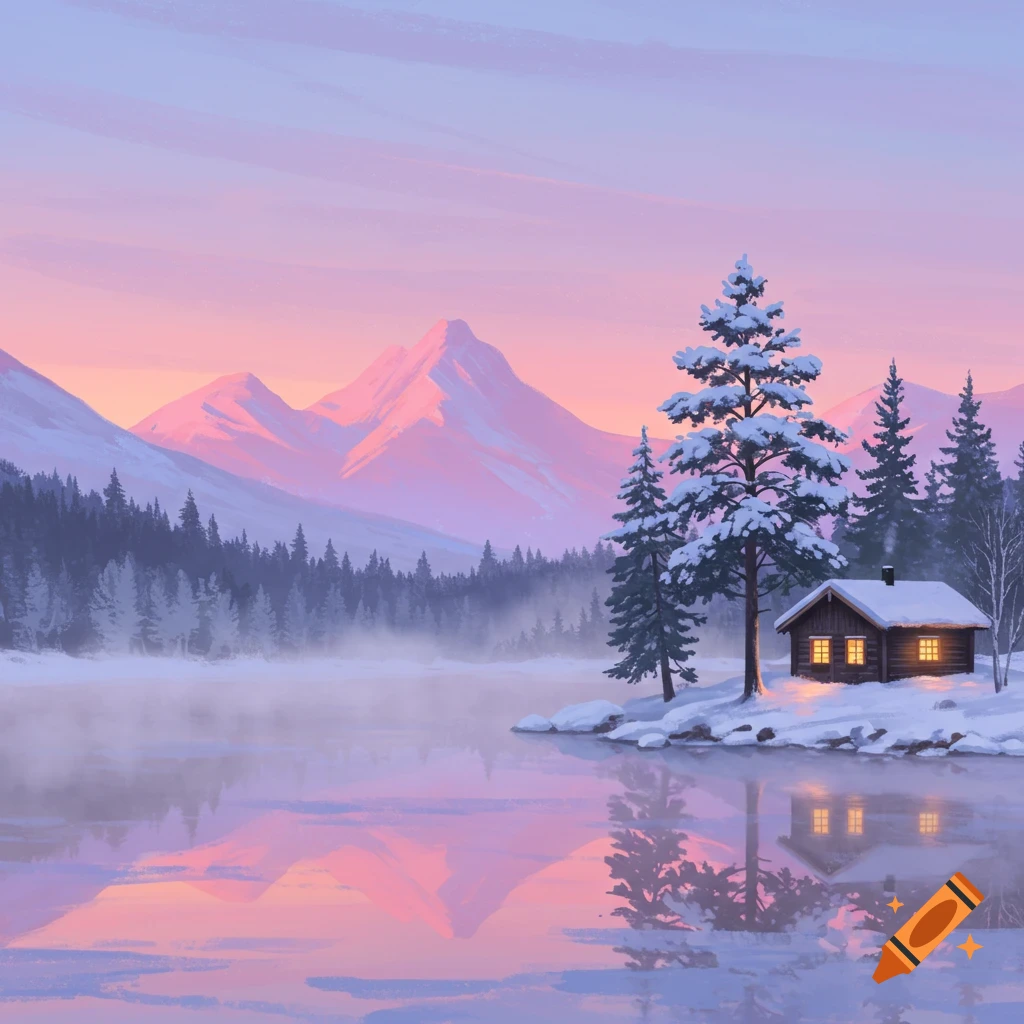 A serene winter landscape painting featuring a cozy cabin, snowy trees, and mountains reflected in a frozen lake under a pink and blue sky.