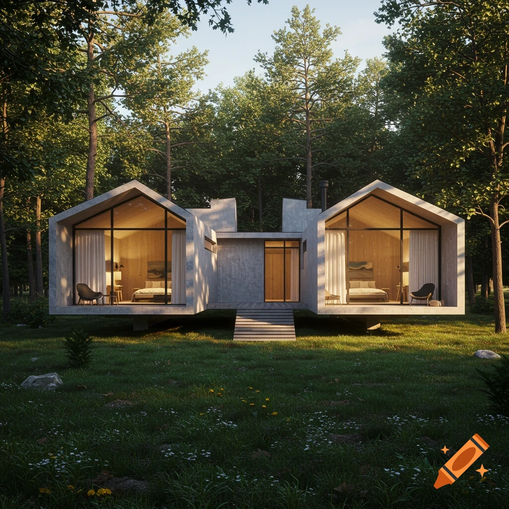 Photorealistic image of a modern, minimalist weekend house with large glass windows nestled in a lush green forest.