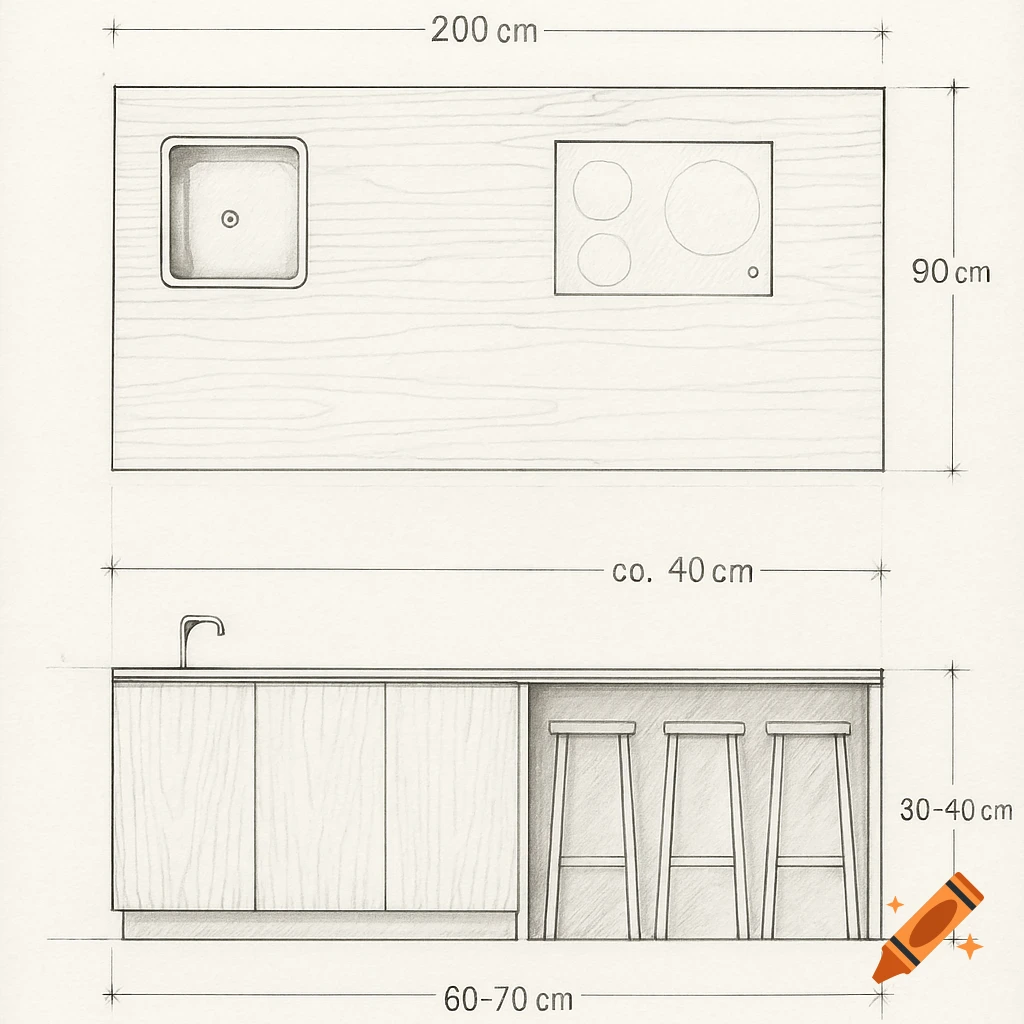 A technical sketch of a kitchen island with a sink, stove, cabinets, and three bar stools. Dimensions are marked in centimeters, showing top and front views.