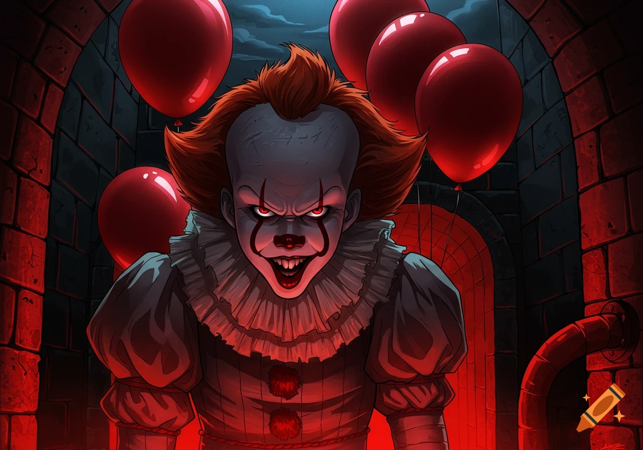 Anime-style Pennywise the clown with red hair, glowing red eyes, smiling menacingly in a sewer with red balloons.