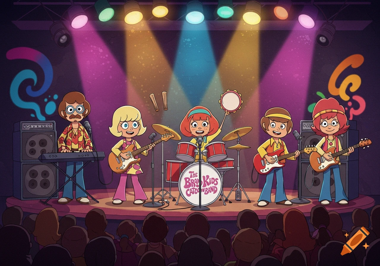 A cartoon band of five characters performing on a stage with colorful spotlights, dressed in retro 60s/70s style.